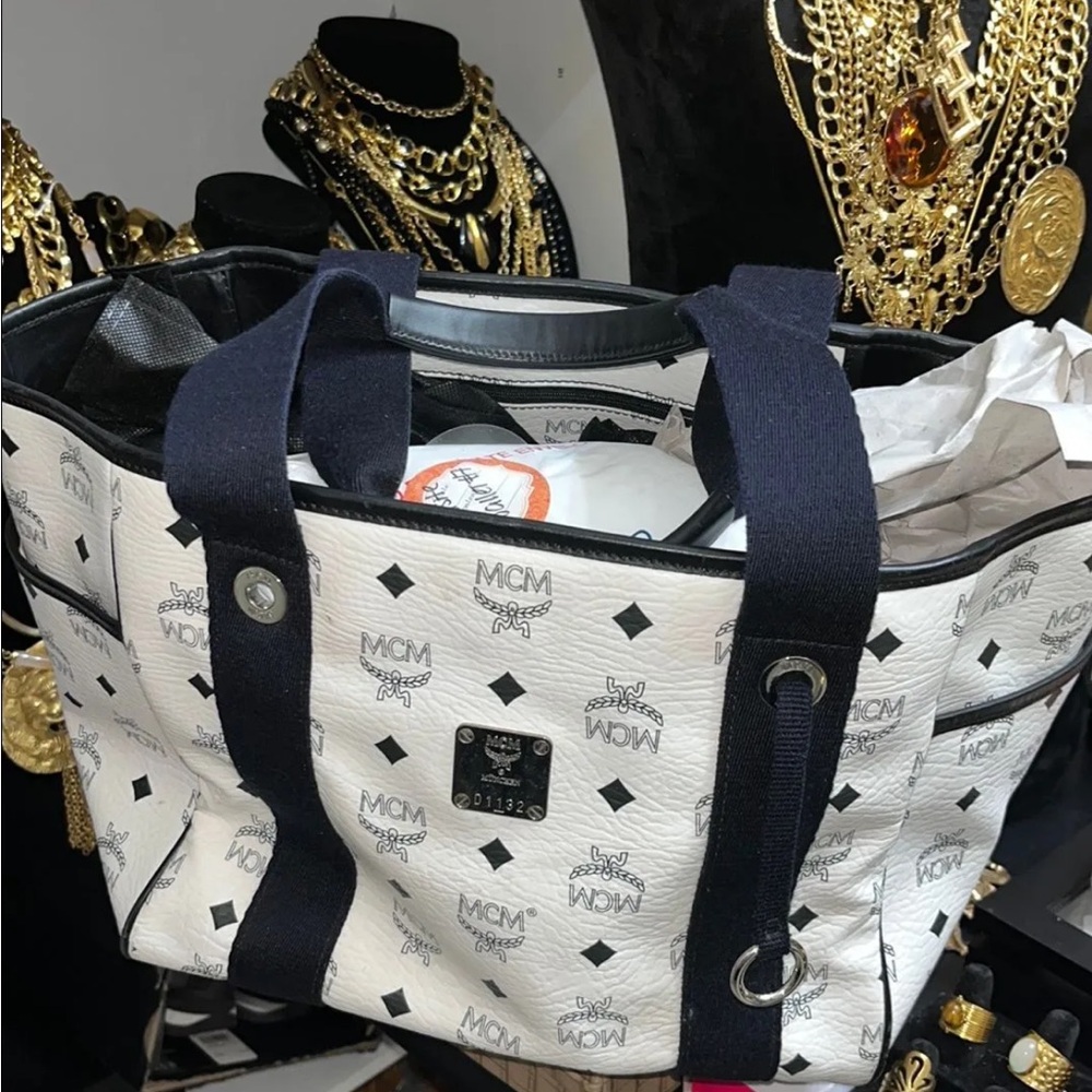 MCM Ivory and Ebony Logo Tote